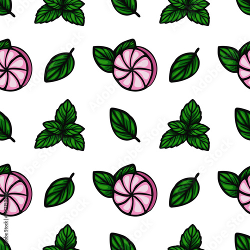 A vector  seamless pattern featuring stylized mint leaves and pink citrus slices on a white background. The design is vibrant and playful, suitable for textiles or stationery.