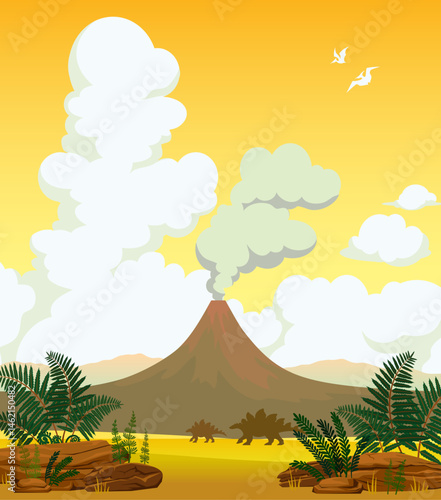 Cartoon vector illustration with silhouette of dinosaurs on the Jurassic period. Prehistoric landscape with stone, erupting volcano, smoke clouds and fern. Image with stegosaurus and pterodactyls.