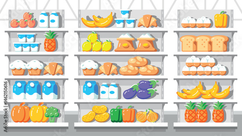 Supermarket interior. Food on the grocery store shelves. Flat style
