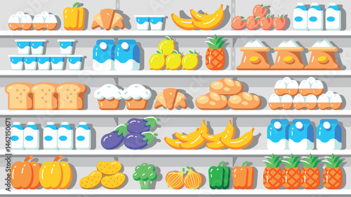 Supermarket interior. Food on the grocery store shelves. Flat style

