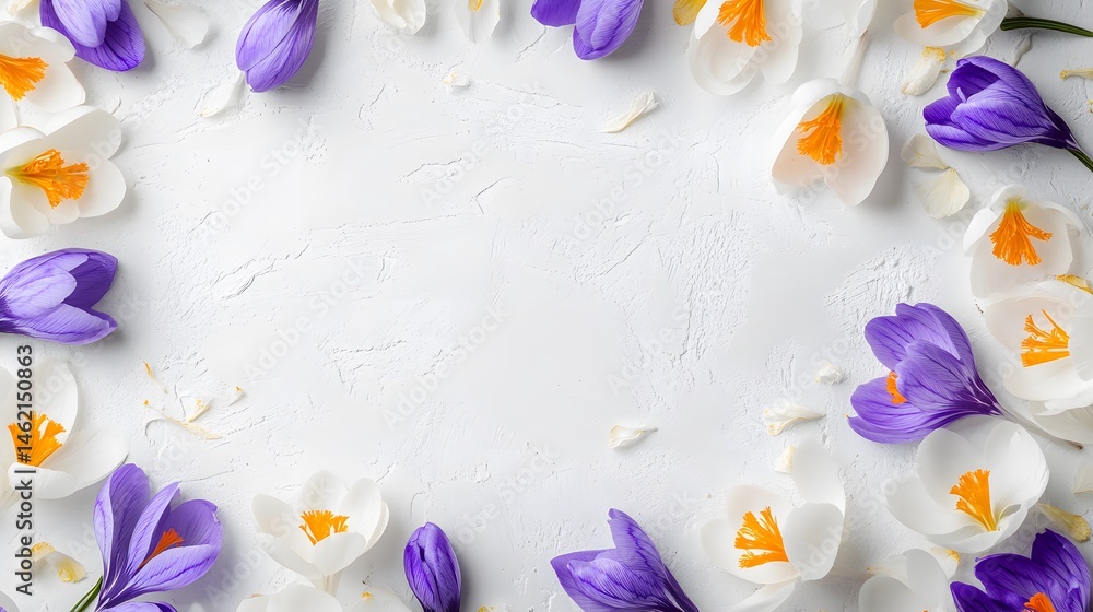 Beautiful spring background with saffron flowers. Bouquet of purple and white crocus flowers on white background. Wide Angle Template Web banner With Copy Space for design for Mother's Day, Women's da