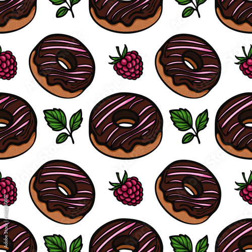 A vector  seamless pattern featuring chocolate donuts with pink icing, surrounded by raspberries and green mint leaves on a white background.