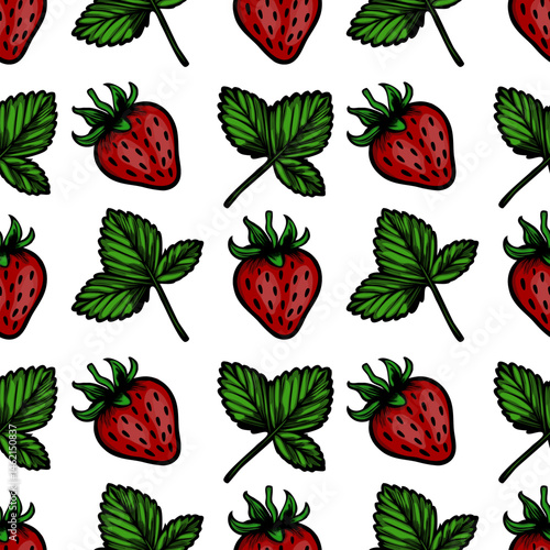 A vector  seamless pattern featuring vibrant red strawberries and green leaves on a white background. The design is playful and fresh, ideal for textiles or kitchen decor.