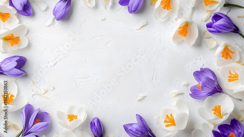 Obraz na płótnie Beautiful spring background with saffron flowers. Bouquet of purple and white crocus flowers on white background. Wide Angle Template Web banner With Copy Space for design for Mother's Day, Women's da w salonie