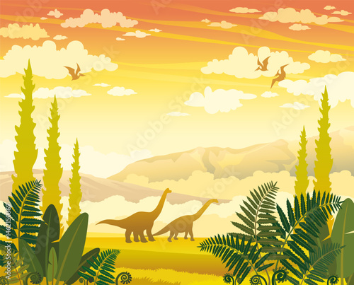 Cartoon vector illustration with silhouette of dinosaurs on the Jurassic period. Prehistoric landscape with diplodocus, pterodactyls, forest, mountains, clouds and fern.
