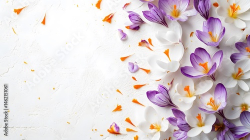 Obraz na płótnie Beautiful spring background with saffron flowers. Bouquet of purple and white crocus flowers on white background. Wide Angle Template Web banner With Copy Space for design for Mother's Day, Women's da w salonie