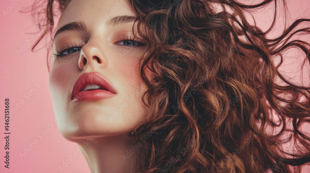 Naklejka premium Closeup beauty portrait woman curly hair glowing skin studio fashion glamour red lips soft light