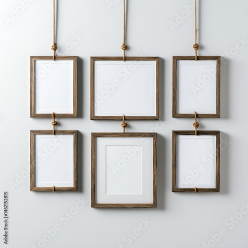 Six blank wooden picture frames of different sizes hanging on the wall