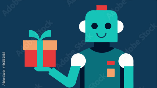 Gift Advisor A robotic assistant with a giftwrapped box graphic suggesting gift ideas to a customer waiting in line providing options based on interests.