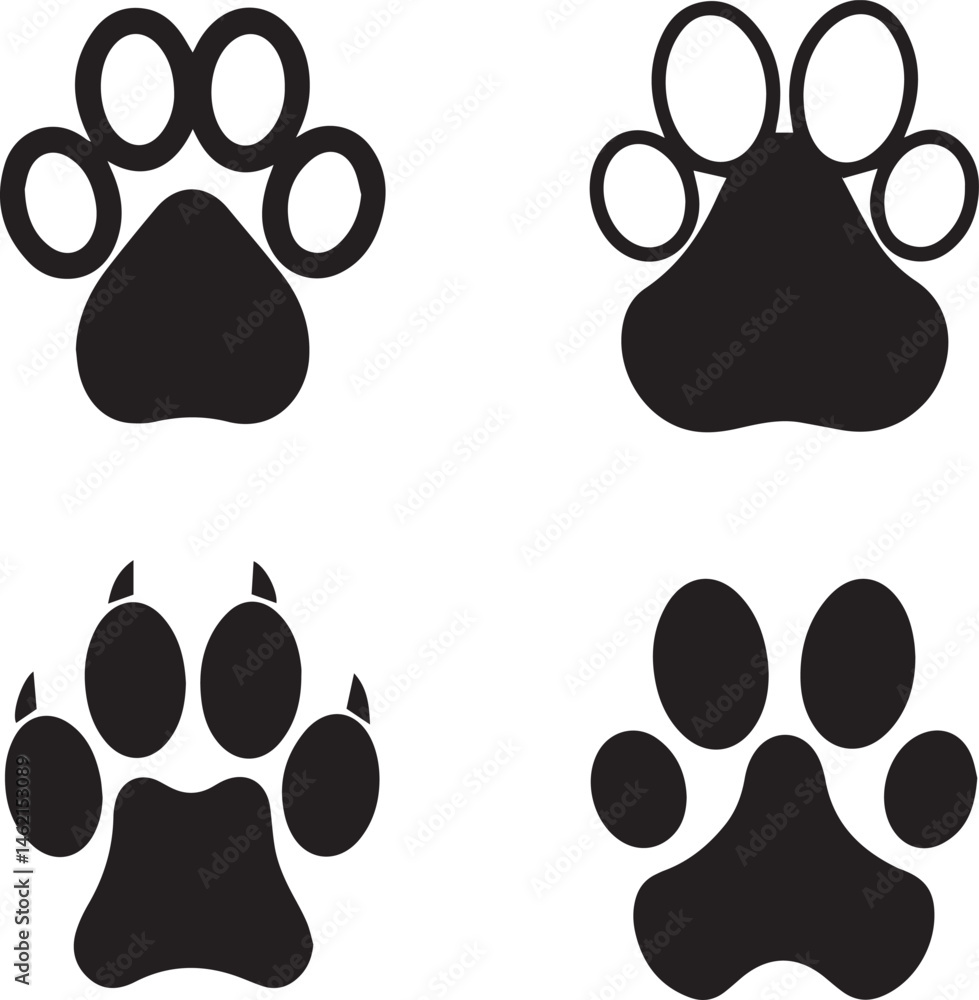 Fototapeta premium paw print icons, dog paw silhouette vector icon set, dog paw print logo bundle