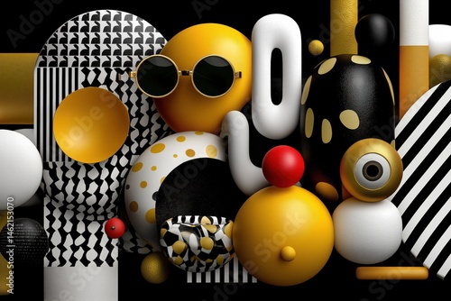 Obraz na płótnie Playful retro Memphis-style monochrome geometric pattern with bold shapes and vibrant colors created in a contemporary setting w salonie
