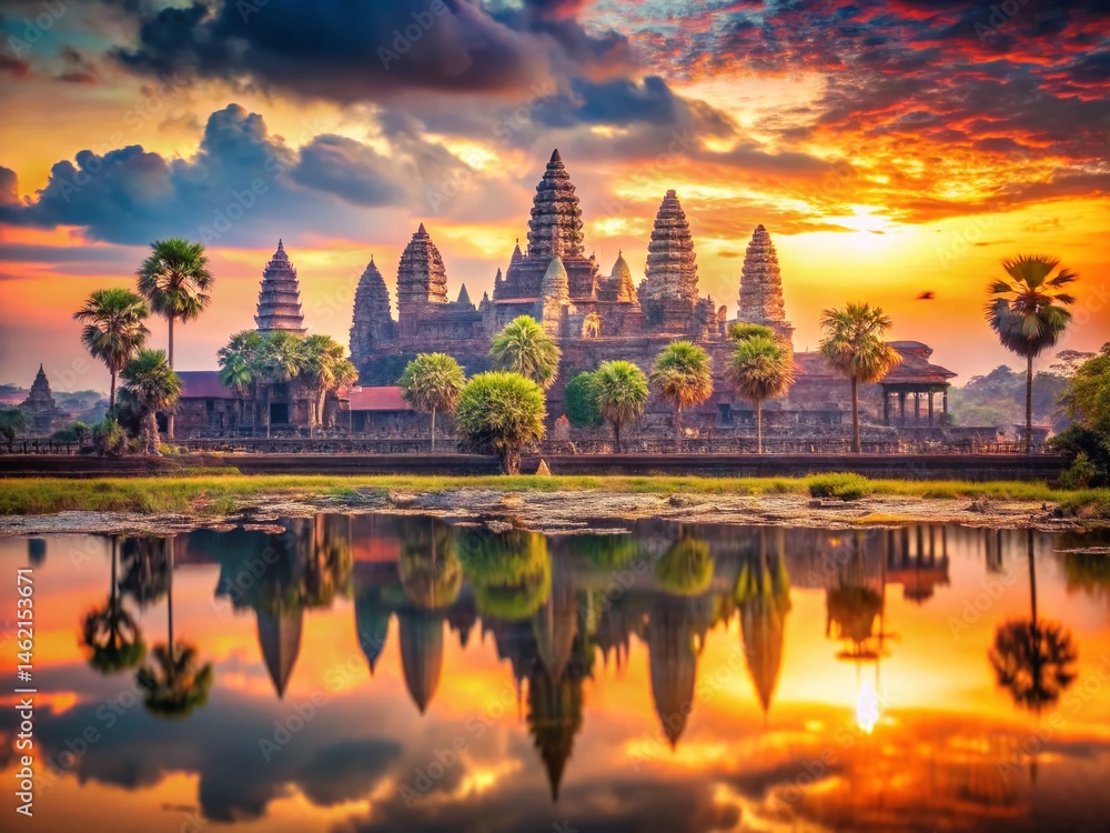 Obraz premium Double Exposure: Phnom Penh Cityscape & Ancient Temples, Cambodia