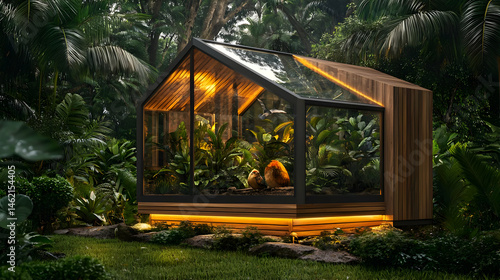 Illuminated Wooden Greenhouse in Garden Setting