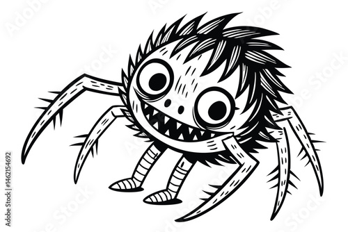57 Creepy monster illustration, black and white ink drawing, spiky hair, large round eyes, wide grinning mouth, thin limbs, bandaged body parts, creature design, horror style, detailed linework, grote