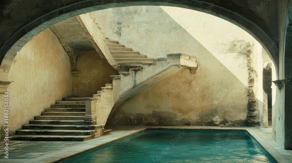 Fototapeta premium Pool and Staircase in Courtyard