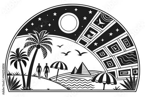 2 circular composition, black and white illustration, night scene, beach resort, full moon, stars, palm trees, umbrellas, geometric shapes, stylized waves, simplified human figures, birds in flight, p