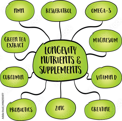 Essential nutrients and supplements that support healthy aging, cellular repair, energy metabolism, and overall longevity. Infographics mind map sketch.