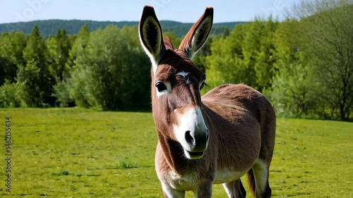 Portrait of a donkey grazing in green field on sunny day. Moke looking at camera. Farm animal in meadow for agriculture and livestock industry concept video clip.