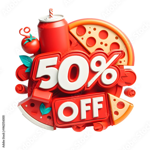 3D 50% off red cut out sign on white background