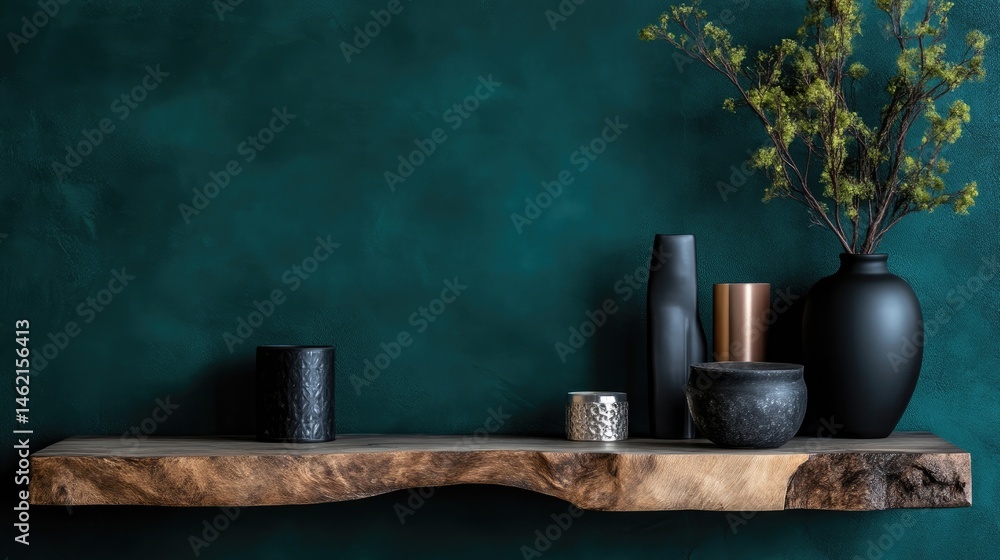 Rustic shelf with dark teal wall and decorative accents Rustic shelf with dark teal wall and decorative accents
