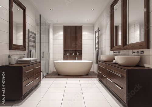 Modern bathroom with warm, inviting tones.  Spacious, elegant design featuring a freestanding tub, double vanities, and mirrored walls.  Wood accents complement the white tile