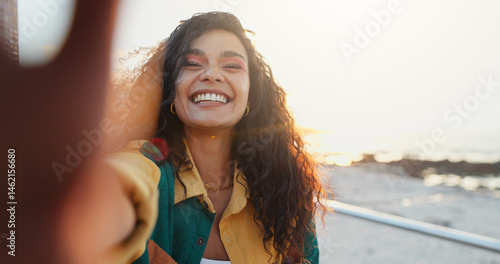 Beach, selfie and woman with smile, holiday and travel with profile picture, journey and ocean. Portrait, person and seaside with social media, vacation or influencer with tropical island or Zanzibar