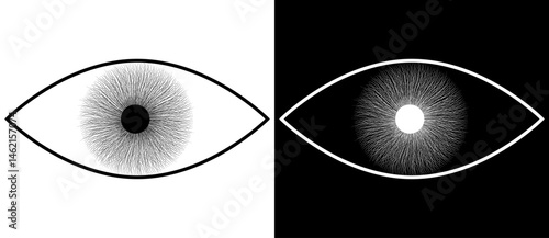 Abstract art lines design like eye shape as symbol, logo or icon. Black shape on a white background and the same white shape on the black side.