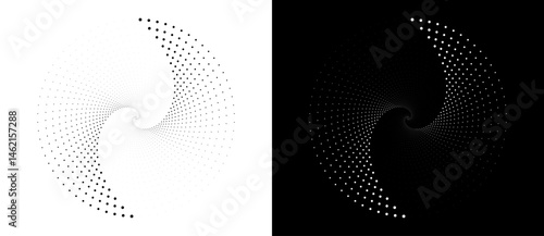 Modern abstract background. Halftone dots in circle form. Spiral logo, icon or design element. Black dots on a white background and white dots on the black side.