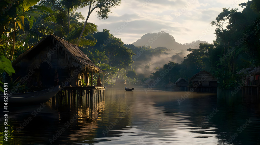 Fototapeta premium Tropical Village On Riverbank At Sunrise