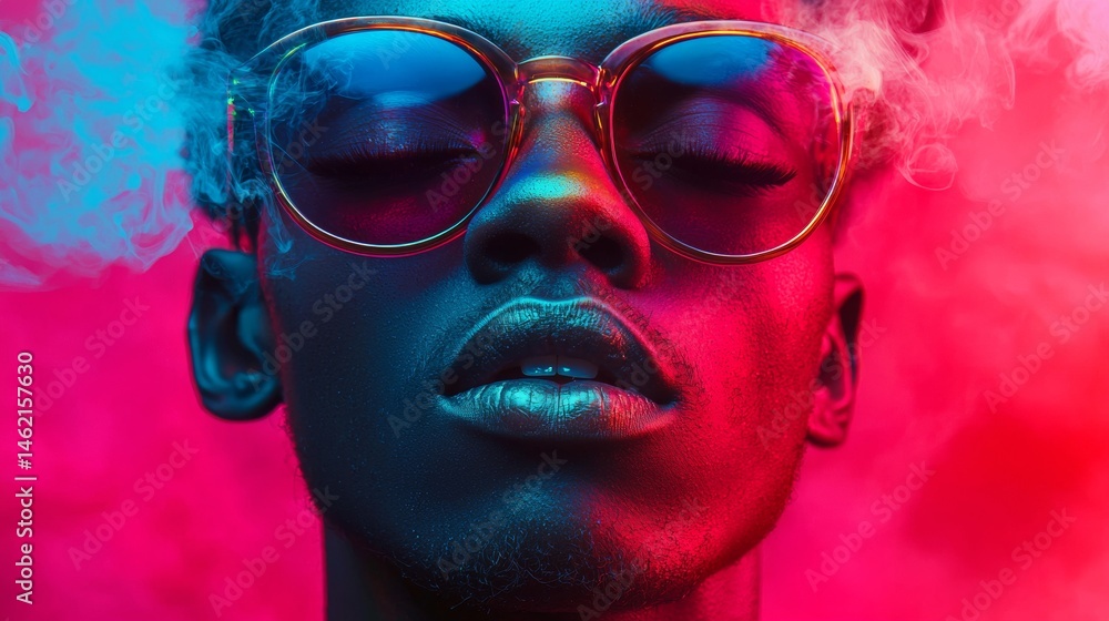 Stylish black man with glasses and colorful lighting creative portrait bold contrast modern fashion vibrant Stylish black man with glasses and colorful lighting creative portrait bold contrast modern fashion vibrant