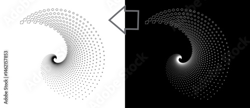Abstract background with arrows in spiral. Art design spiral as logo or icon, design element. A black figure on a white background and an equally white figure on the black side.