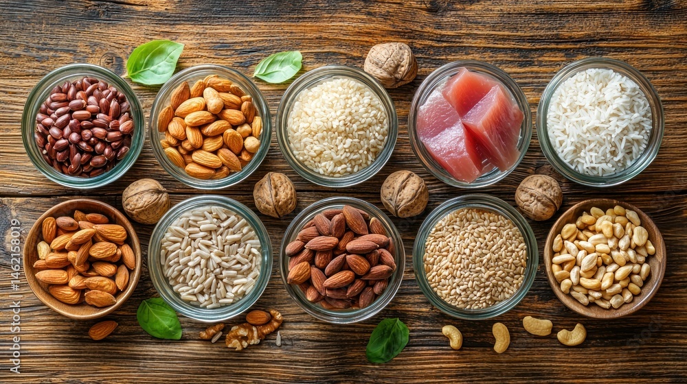 Healthy protein and carbohydrate food sources displayed in small bowls on a wooden surface Healthy protein and carbohydrate food sources displayed in small bowls on a wooden surface