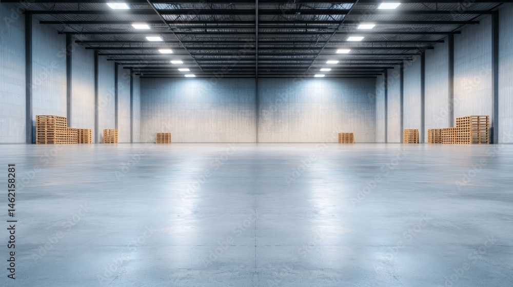 Spacious Industrial Warehouse Interior With Polished Concrete Floor and Bright Overhead Lighting Spacious Industrial Warehouse Interior With Polished Concrete Floor and Bright Overhead Lighting