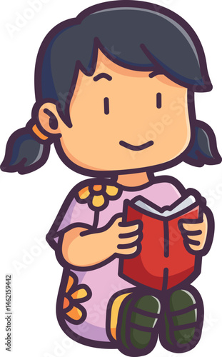Girl reading a storybook in class Vector Illustration Icon. Flat Cartoon Style