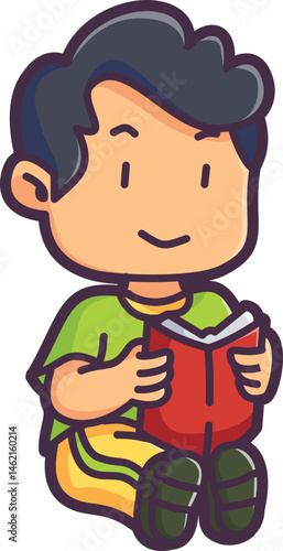 Boy reading a storybook in class Vector Illustration Icon. Flat Cartoon Style