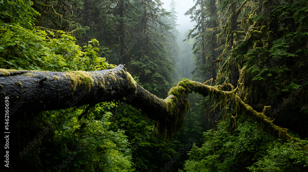 Fototapeta premium Moss Covered Fallen Tree Branch In Lush Green Forest