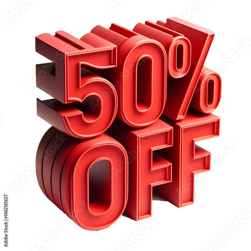 3D 50% off red cut out sign on white background