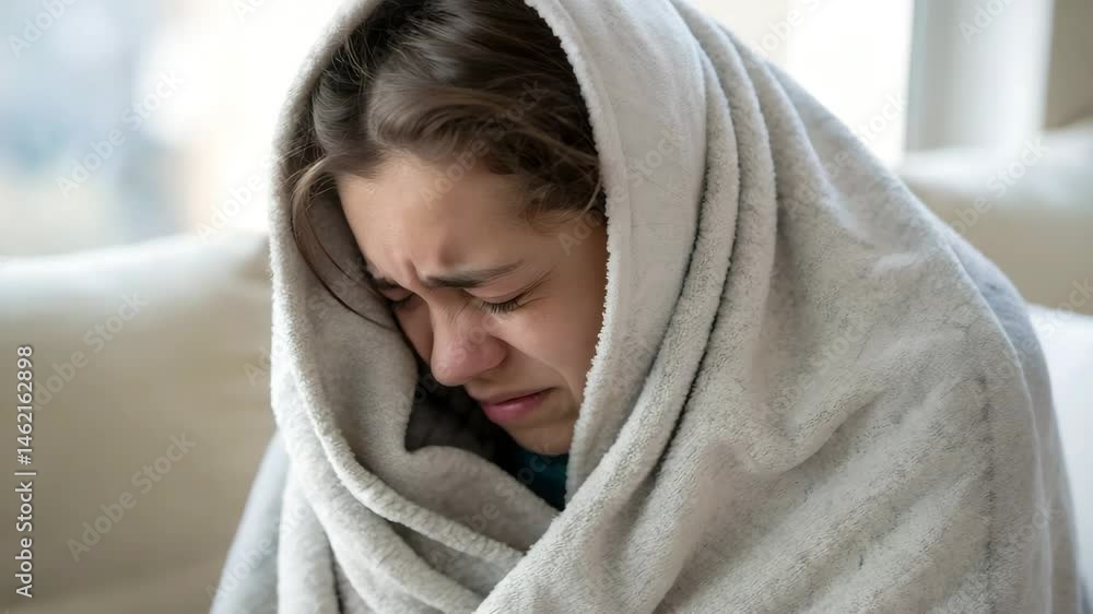 Sad girl wrapped in blanket feeling unwell at home Sad girl wrapped in blanket feeling unwell at home