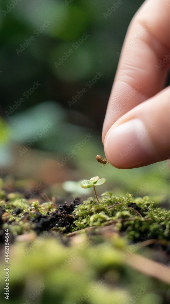 Macro photography of a tiny sprout being touched by a finger on a mossy ground in nature light Macro photography of a tiny sprout being touched by a finger on a mossy ground in nature light