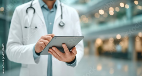 Wallpaper Mural A doctor in a white coat uses a digital tablet in a modern, brightly lit hospital or medical facility. Torontodigital.ca