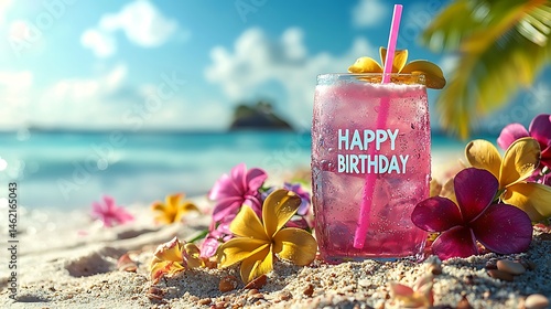 Fototapeta Naklejka Na Ścianę i Meble -  Beach birthday celebration with pink cocktail on sandy tropical shoreline.