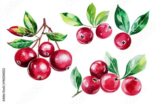 Wallpaper Mural Charming hand-drawn watercolor illustration of cranberries accompanied by lush green leaves. Torontodigital.ca