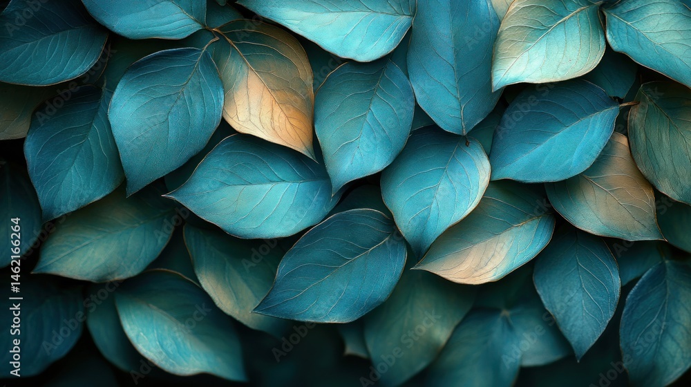 Teal leaves, nature background, autumn foliage, design texture Teal leaves, nature background, autumn foliage, design texture