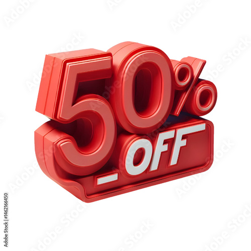 3D 50% off red cut out sign on white background