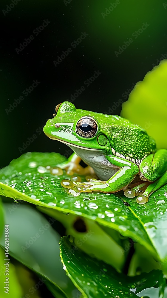 Obraz premium Vibrant green tree frog on a wet leaf