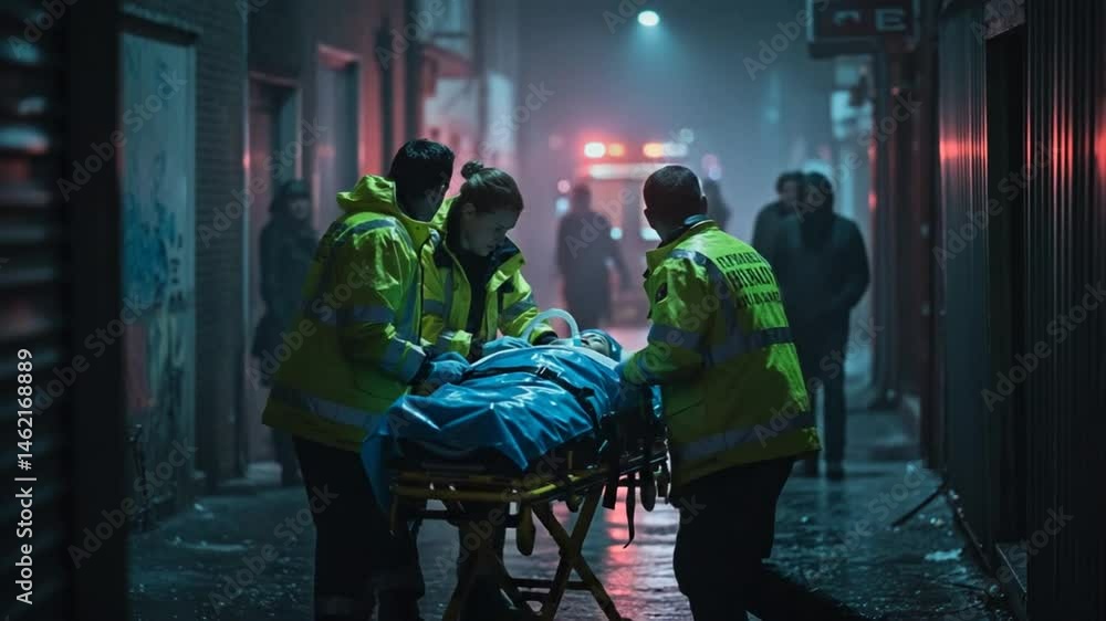 Emergency medical team transports patient on stretcher Emergency medical team transports patient on stretcher
