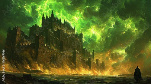 Dark fortress under toxic sky