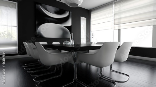 Modern minimalist dining room, meeting, conference, black white, interior design