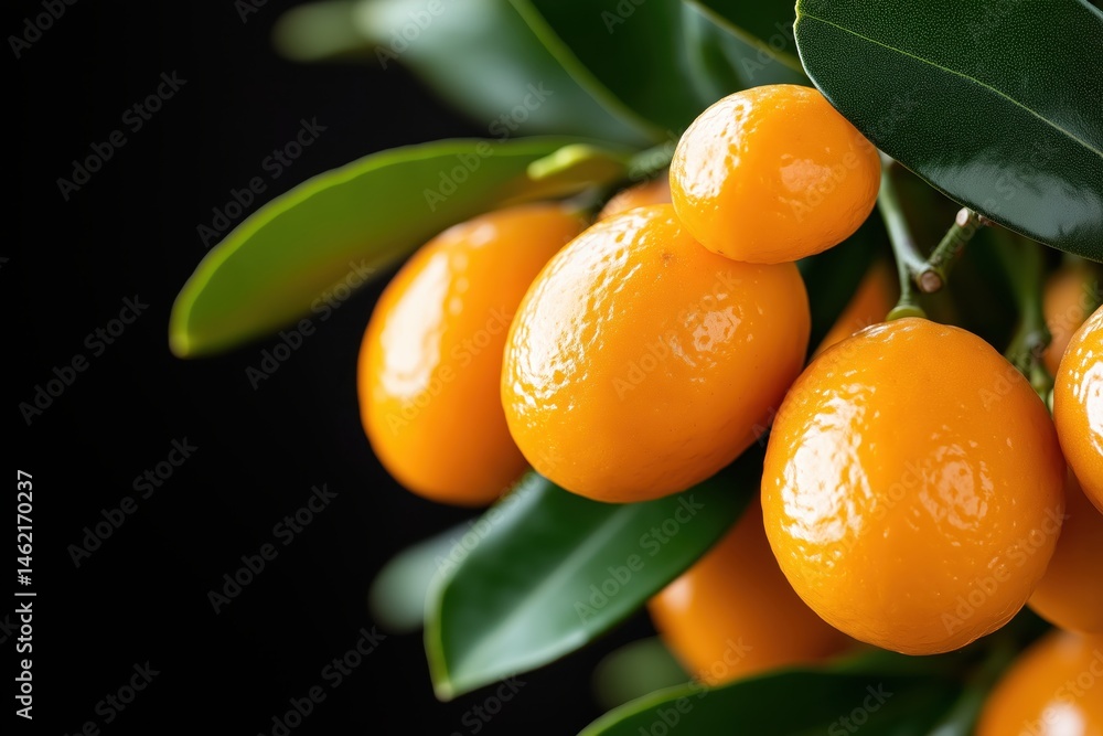 Bright orange kumquat fruits thrive on a lush tree in an organic garden under sunlight