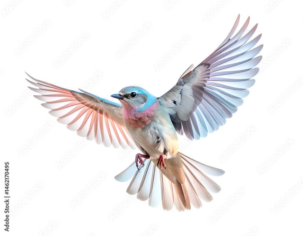 Obraz premium pastel colored bird flying with open wings in mid air isolated on white background 